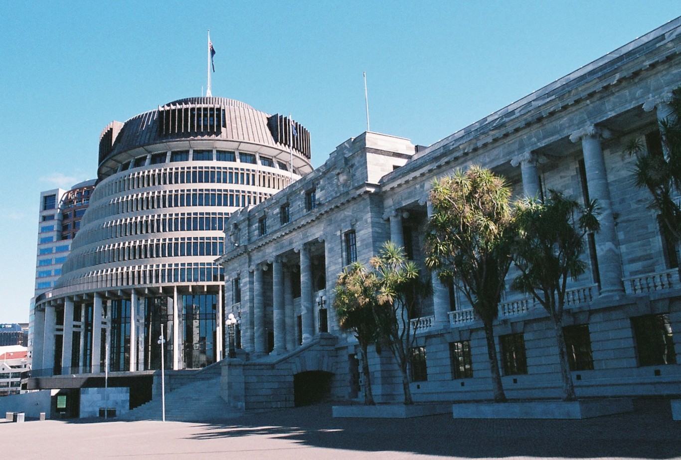 The emblematic government and parliament buildings in Wellington on a sunny day