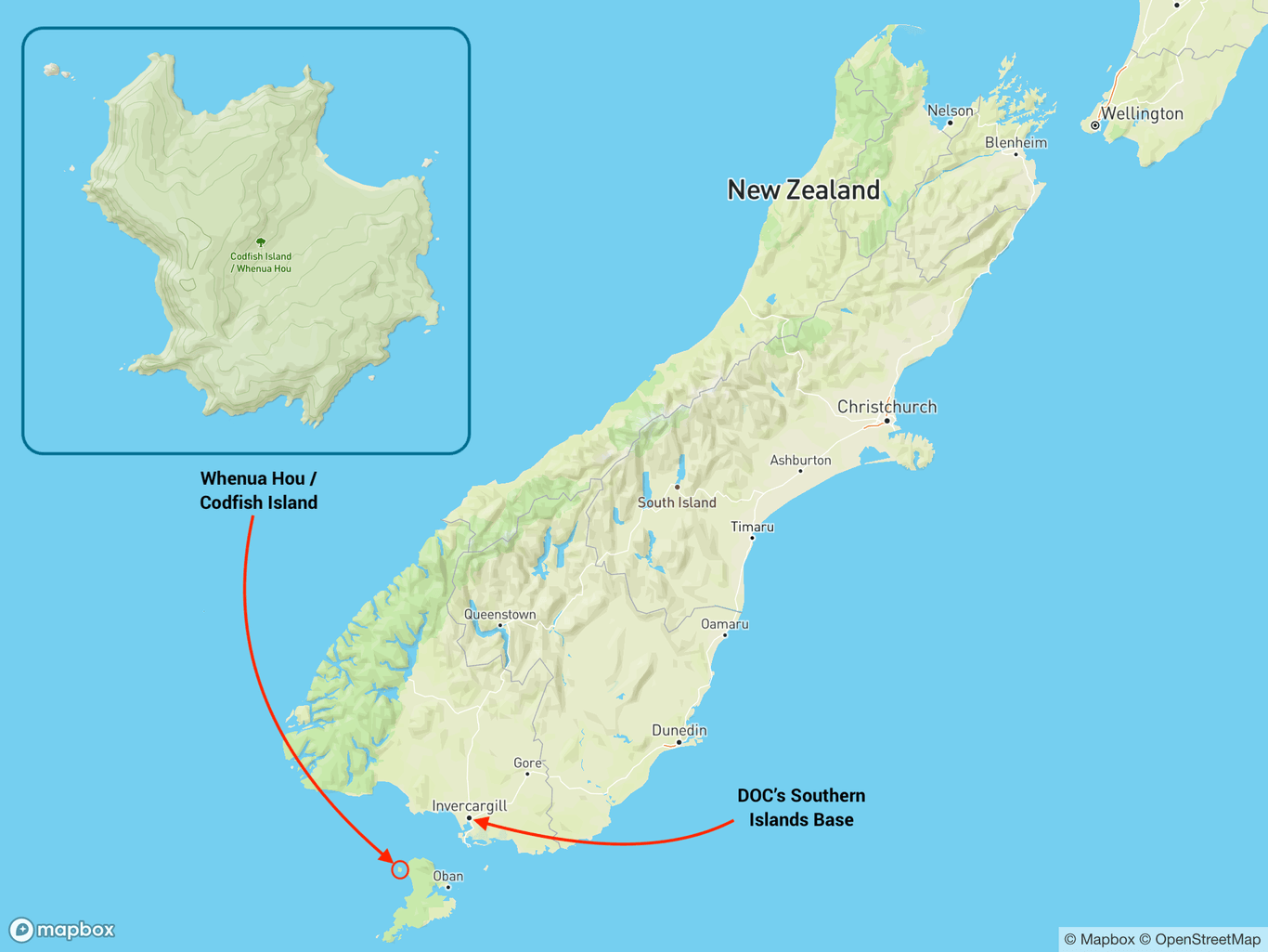 A map of Whenua Hou and its location relative to Aotearoa/New Zealand