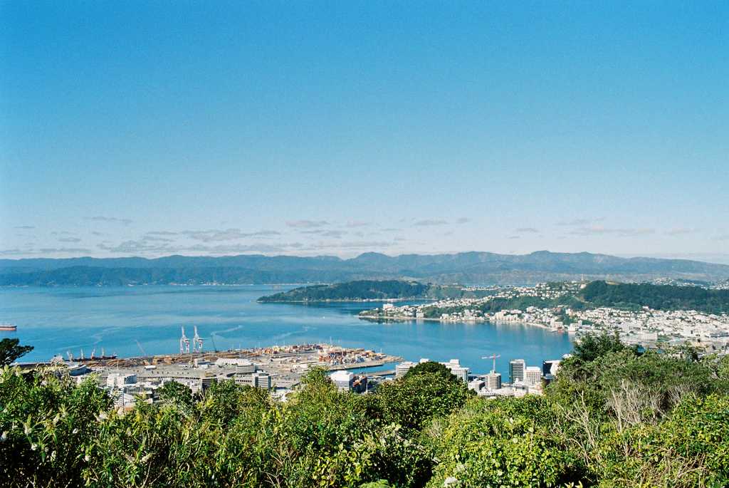A panoramic view of Wellington Harbour on a fine blue-sky day
