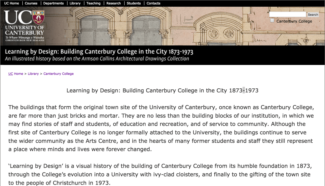 Screenshot of the Canterbury College website