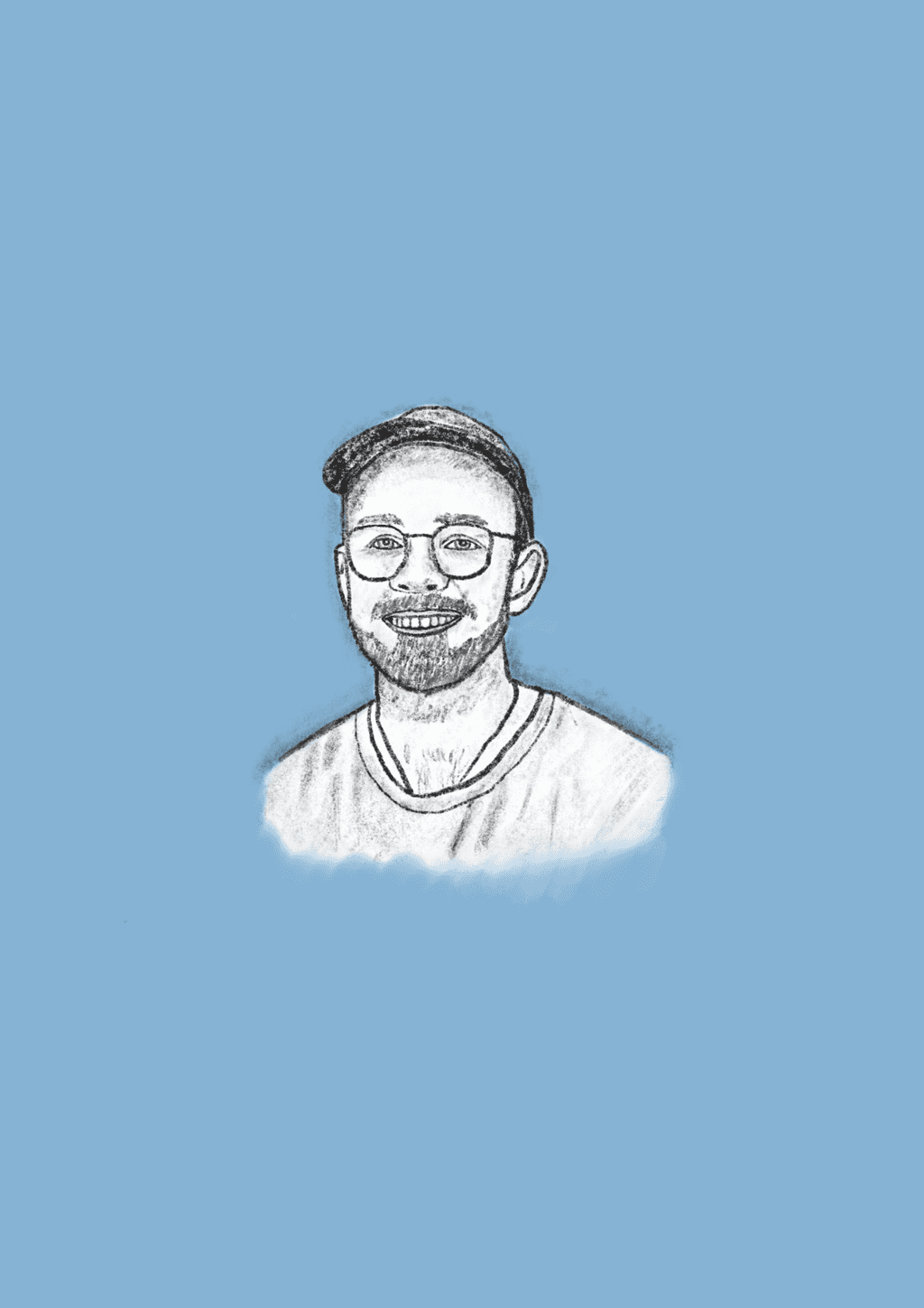 A digital pencil sketched image of a guy with a cap, glasses and beard on a pale blue/grey background