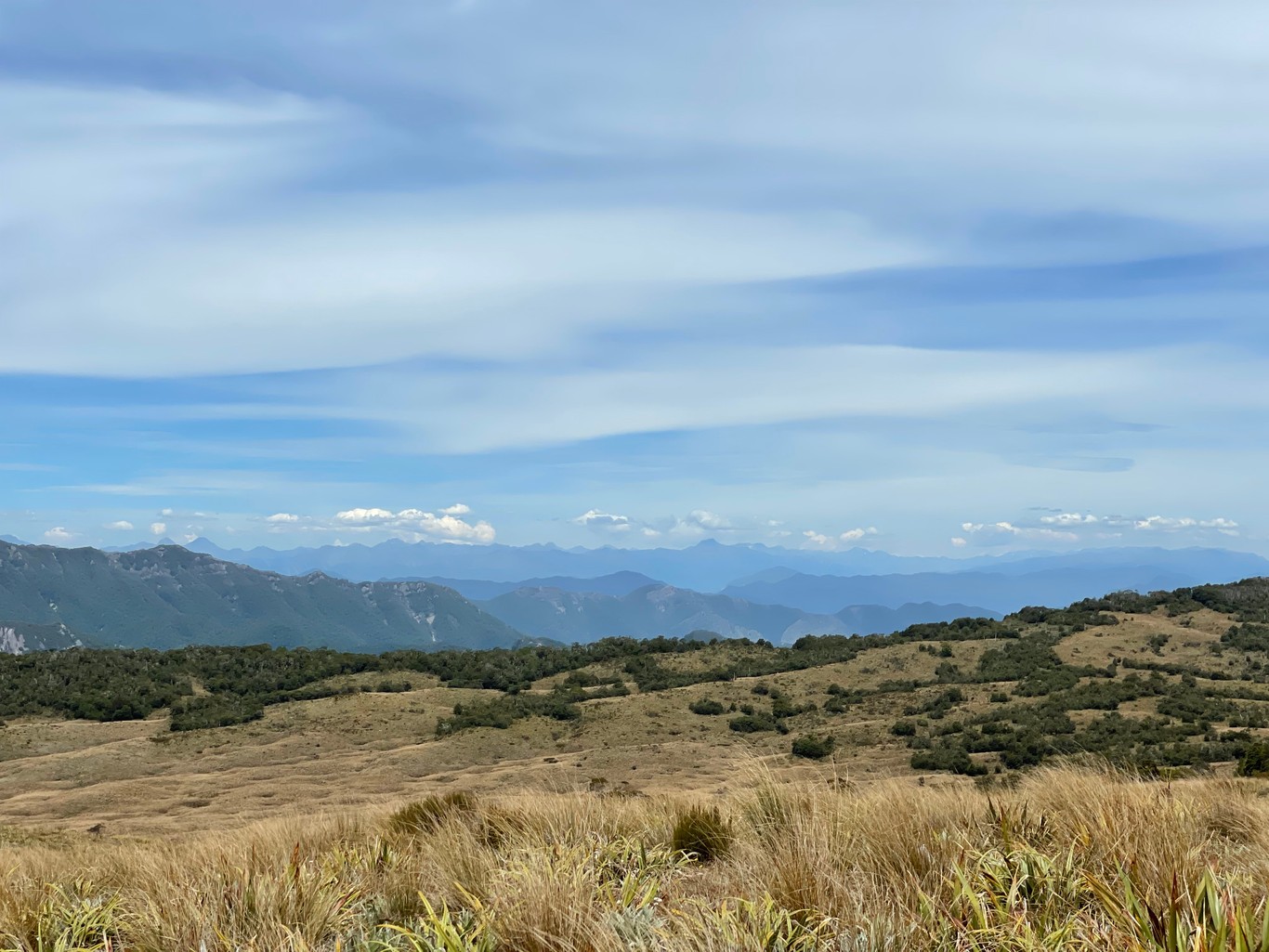 A tussock-covered plateau with multiple ridges receding into the distance