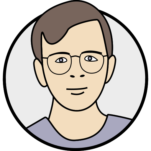 A digital graphic of a white guy with brown hair and glasses and a blue T-shirt